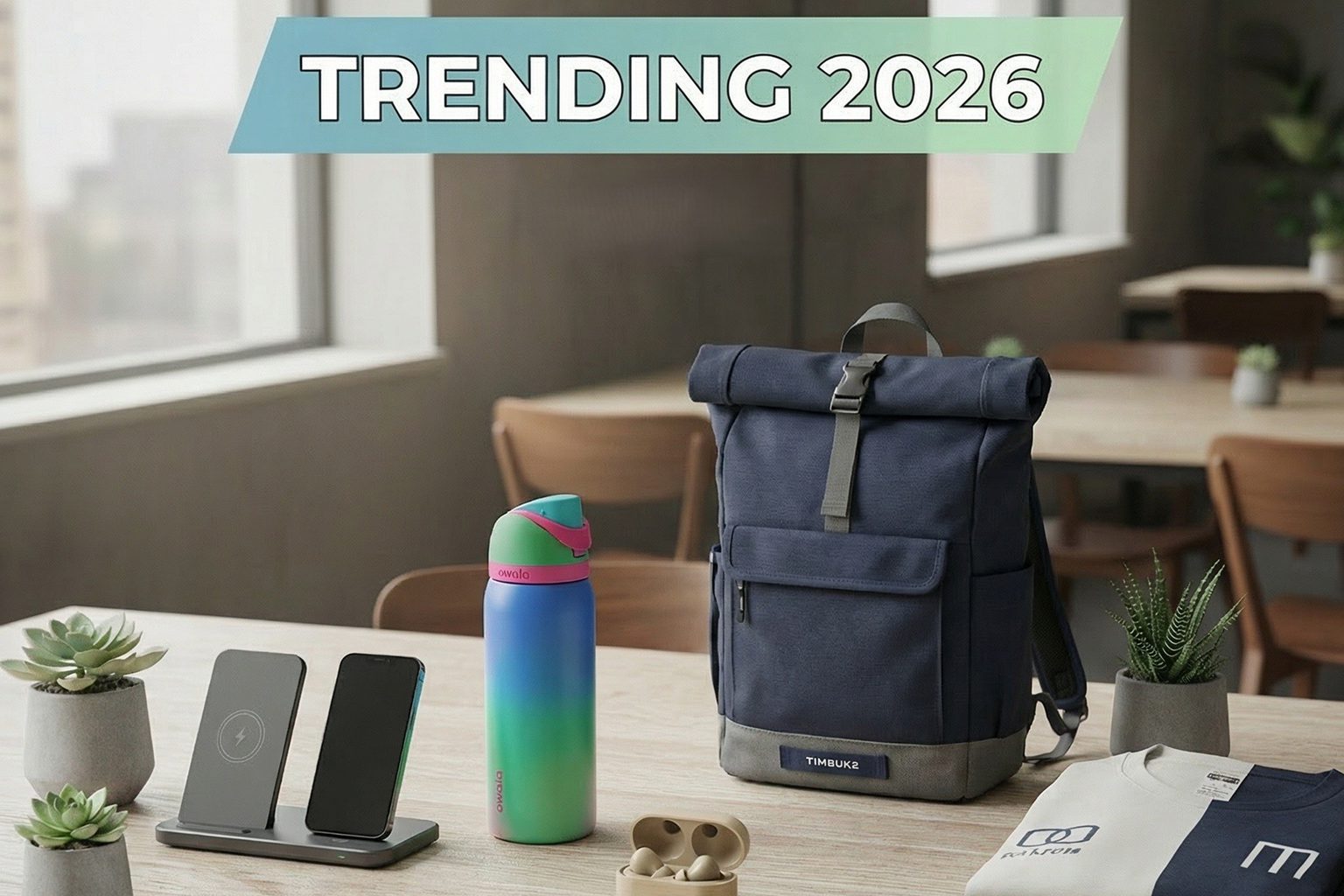 A stylish backpack and colorful water bottle on a table, labeled Trending 2026.