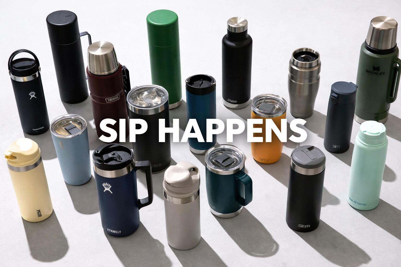 Various insulated drink containers with the text 'SIP HAPPENS'.