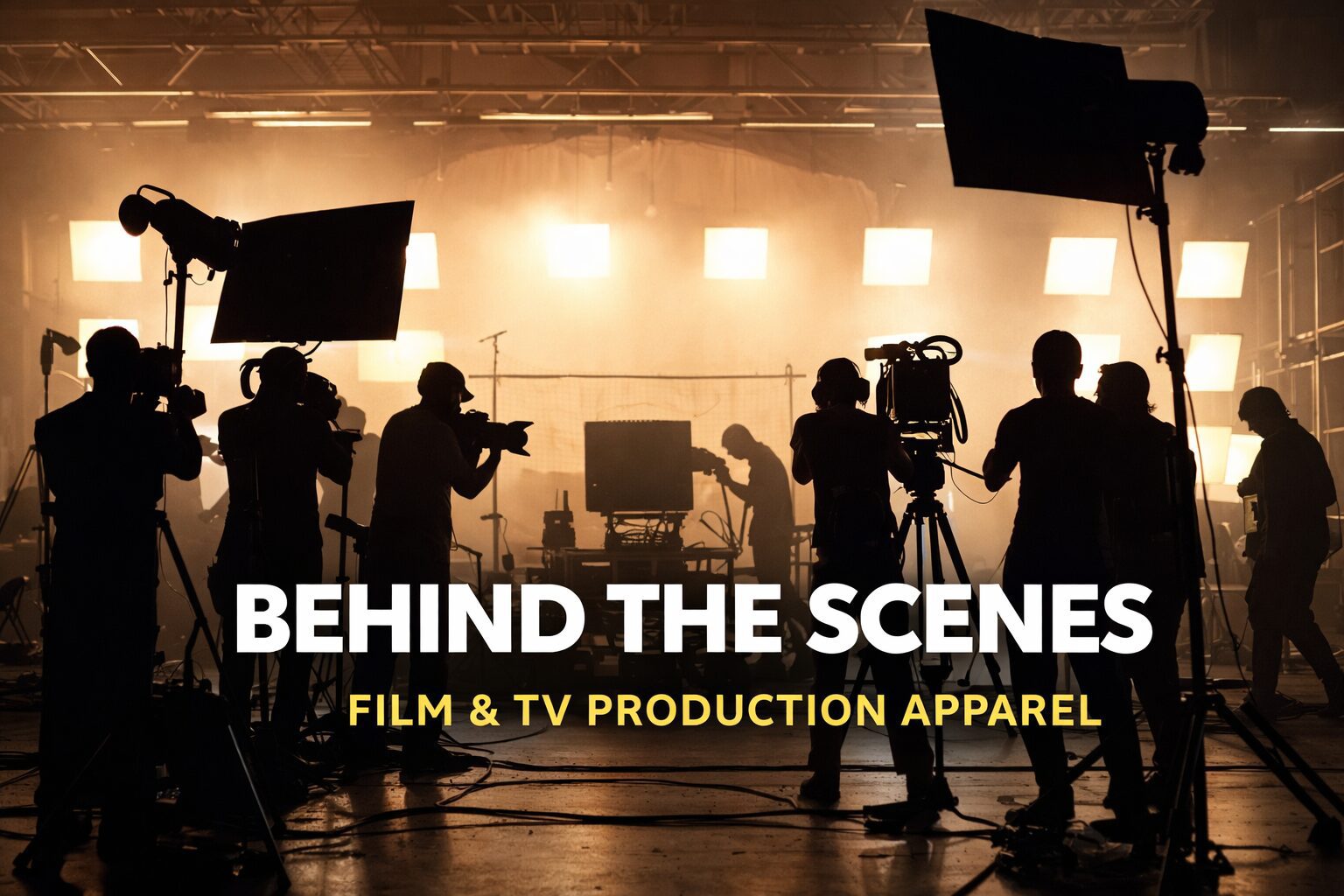 Silhouetted crew filming a scene on set with bright lights.