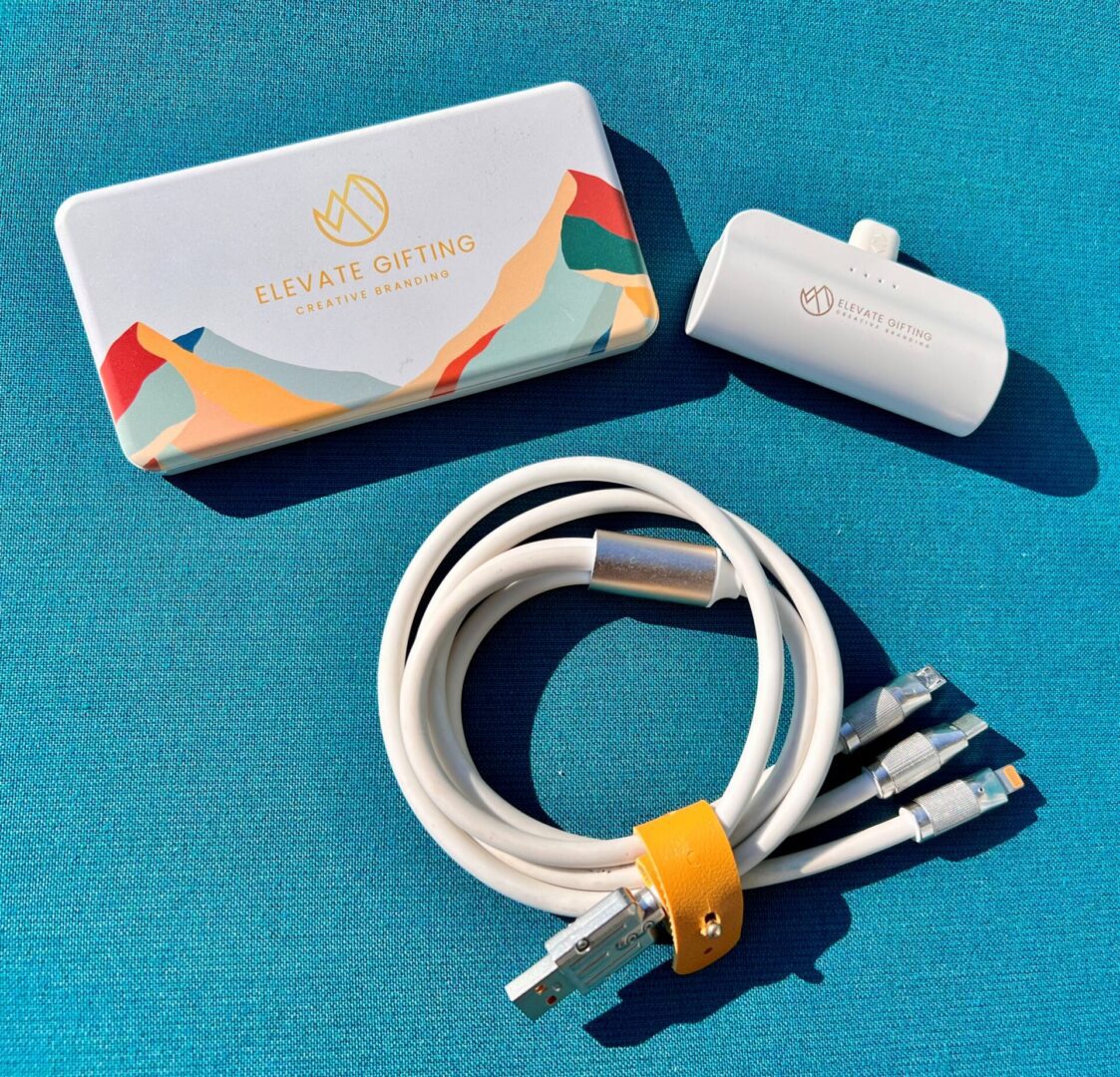 Eco-friendly charging cable with packaging and adapter on blue background.