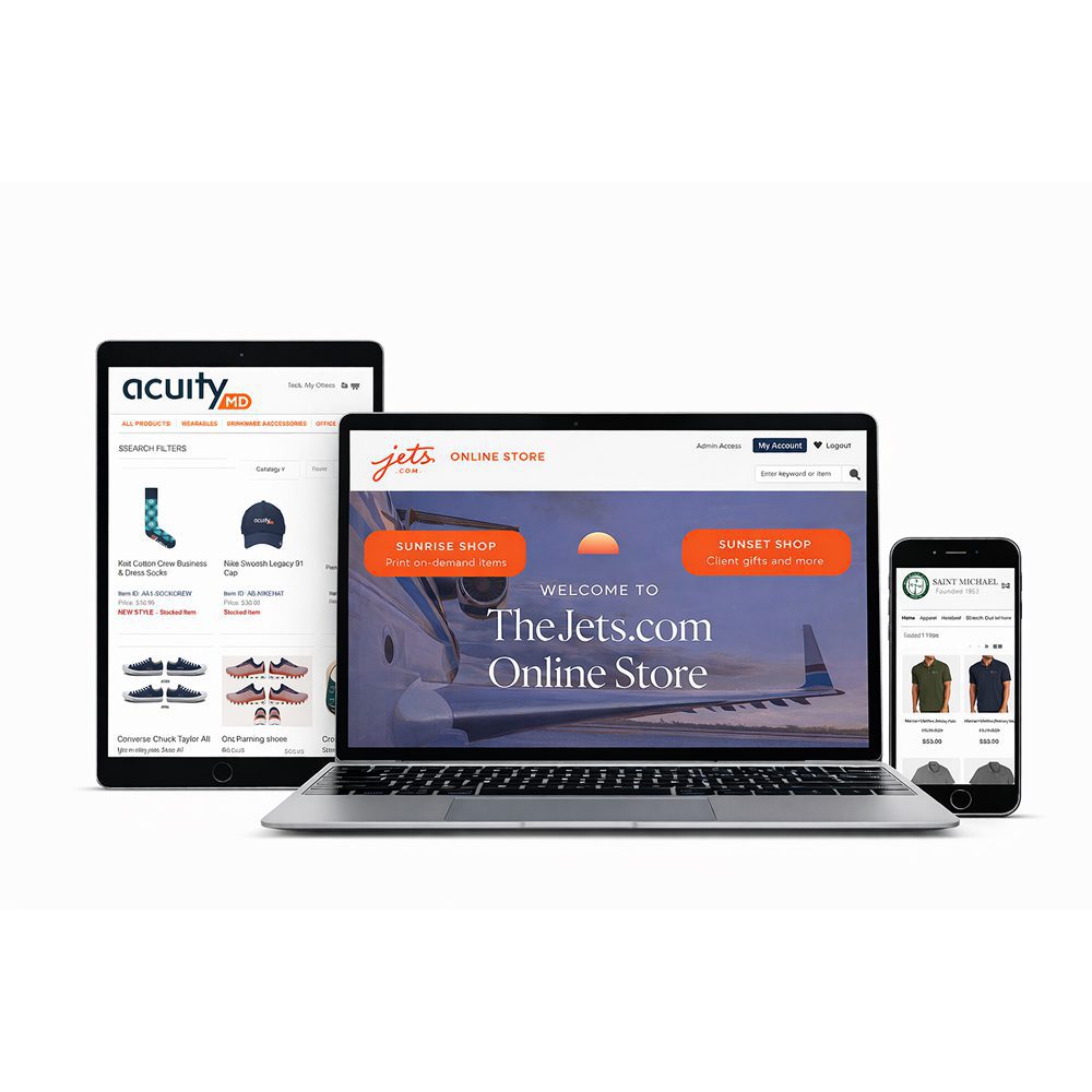 Responsive website design shown on multiple devices including laptop, tablet, and phone.