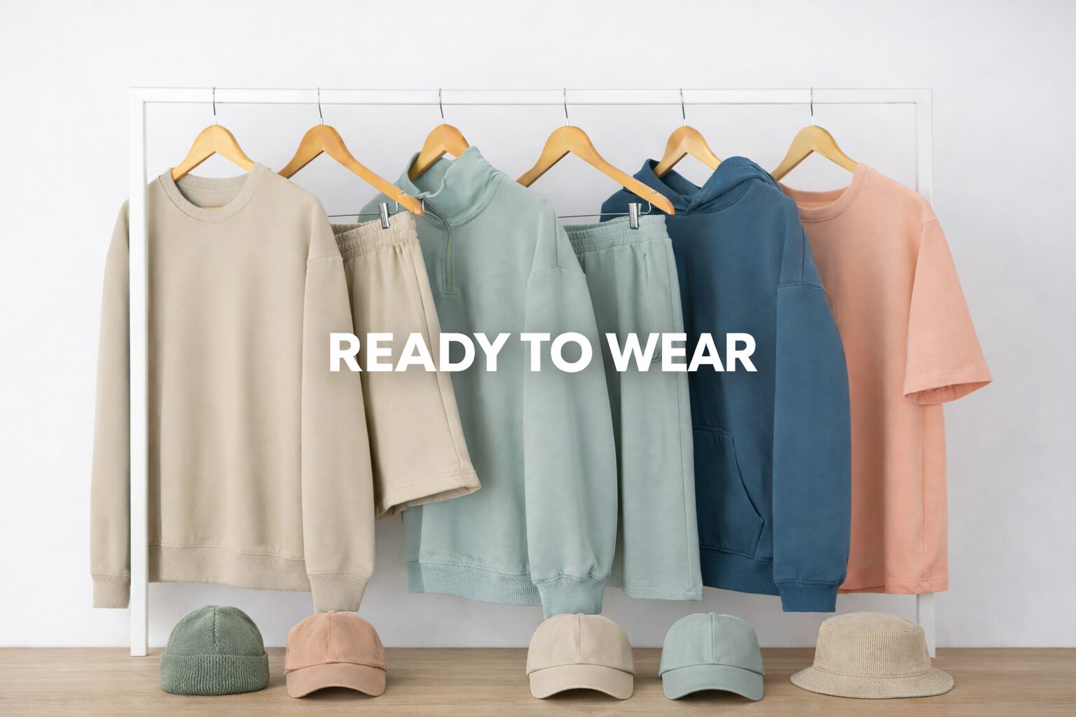 Casual ready-to-wear outfits in neutral and blue tones with matching shoes.